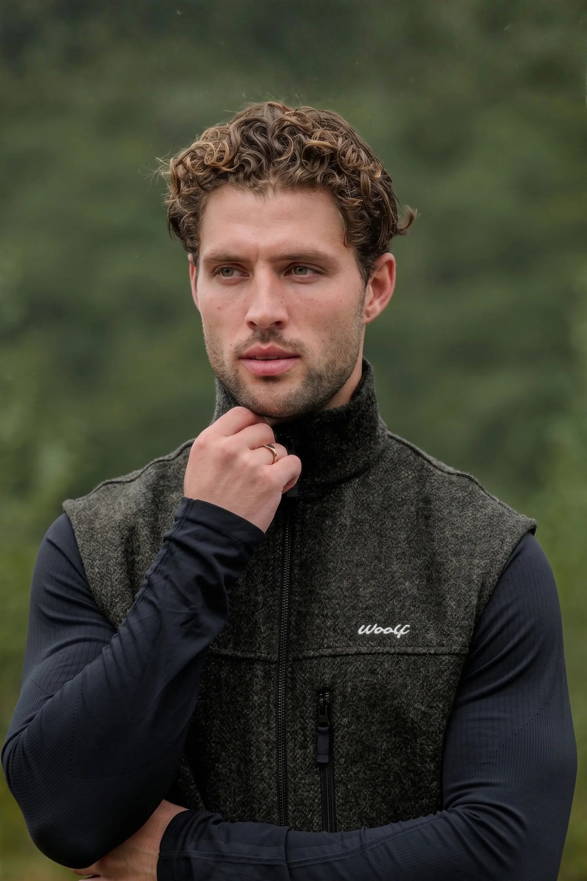 Moss Green men’s wool gilet close up