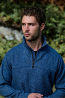 Men’s merino wool quarter zip fleece in River Blue close up