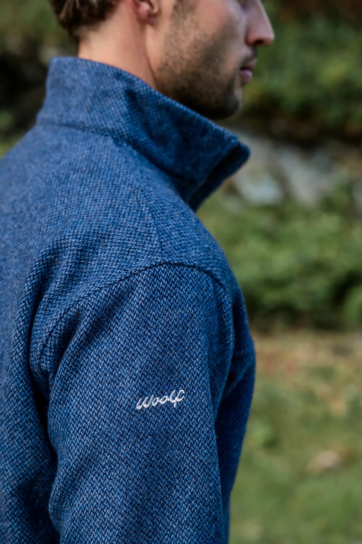Men’s merino wool quarter zip fleece in River Blue high collar