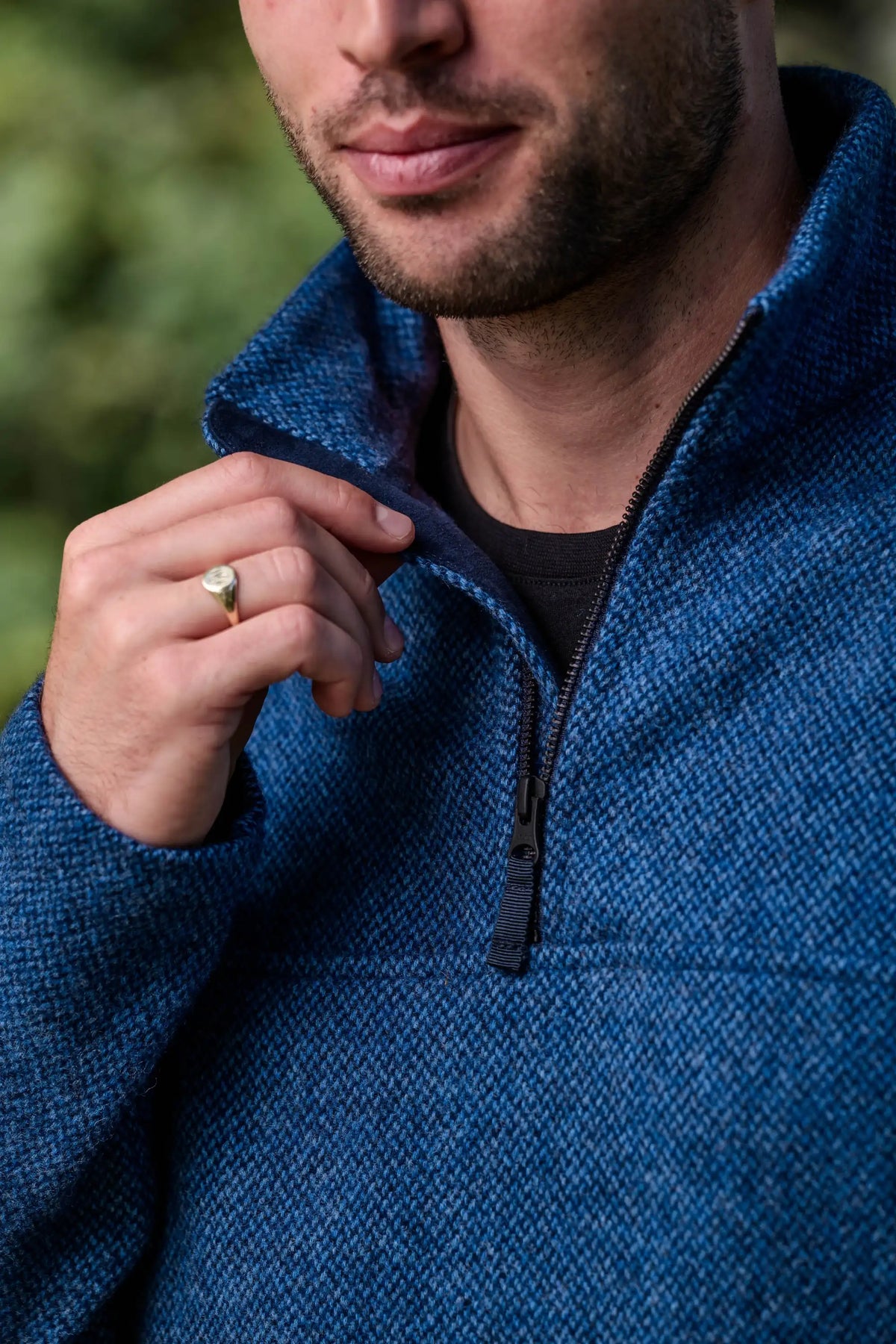 Men’s merino wool quarter zip fleece in River Blue moleskin lined
