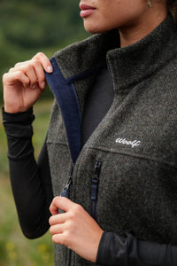 Women’s wool gilet in Moss Green moleskin lined