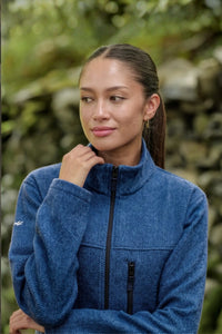 Women’s Merino wool fleece jacket in River Blue close up