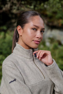 Limestone merino quarter zip, quarter-length YKK zip detail