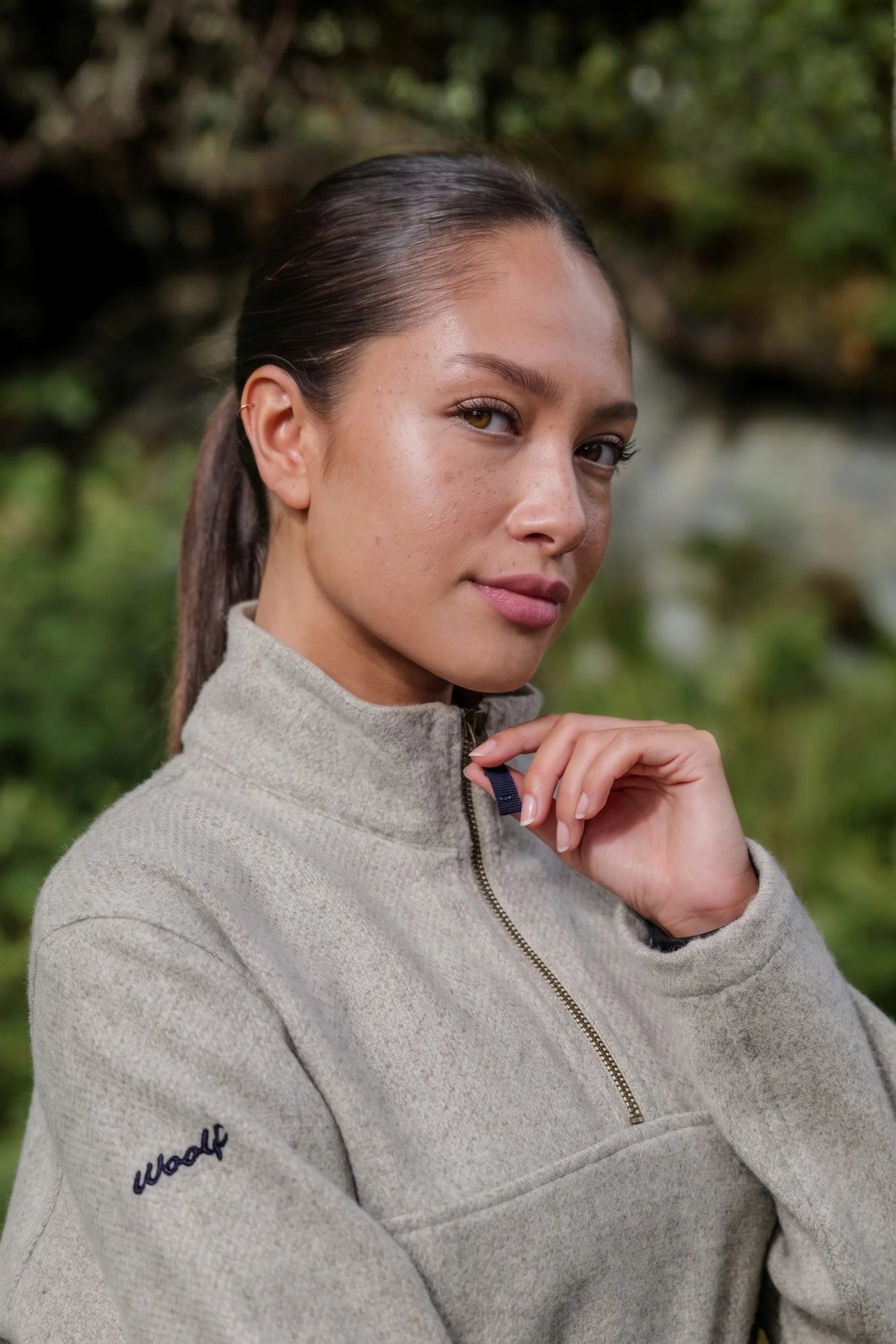 Limestone merino quarter zip, quarter-length YKK zip detail