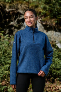 Women’s merino wool quarter zip fleece in River Blue